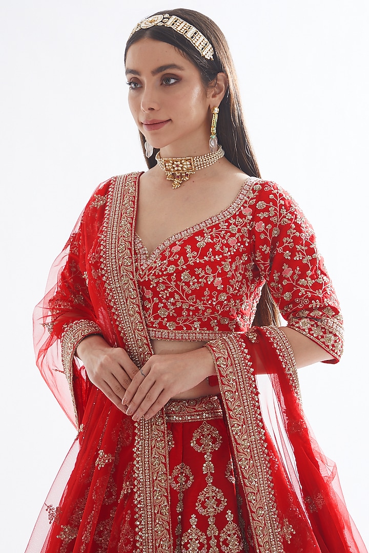 Red Raw Silk Zardosi Embroidered Bhavna Bridal Lehenga Set by Kalighata at Pernia's Pop Up Shop