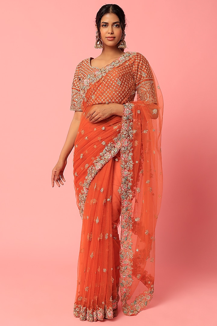 Rust Embellished Saree Set by Kalighata