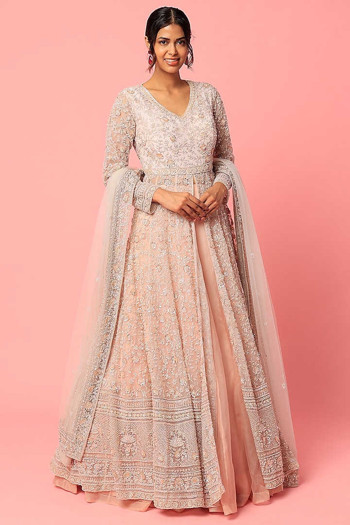 Peach Embroidered Jacket Bridal Lehenga Set by Kalighata at Pernia's Pop Up Shop