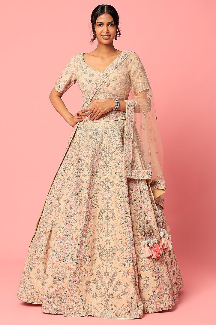 Peach Embroidered Trishul Bridal Lehenga Set by Kalighata at Pernia's Pop Up Shop