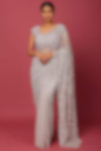 Mauve Organza Sequins Embellished Wedding Saree Set by Kalighata at Pernia's Pop Up Shop