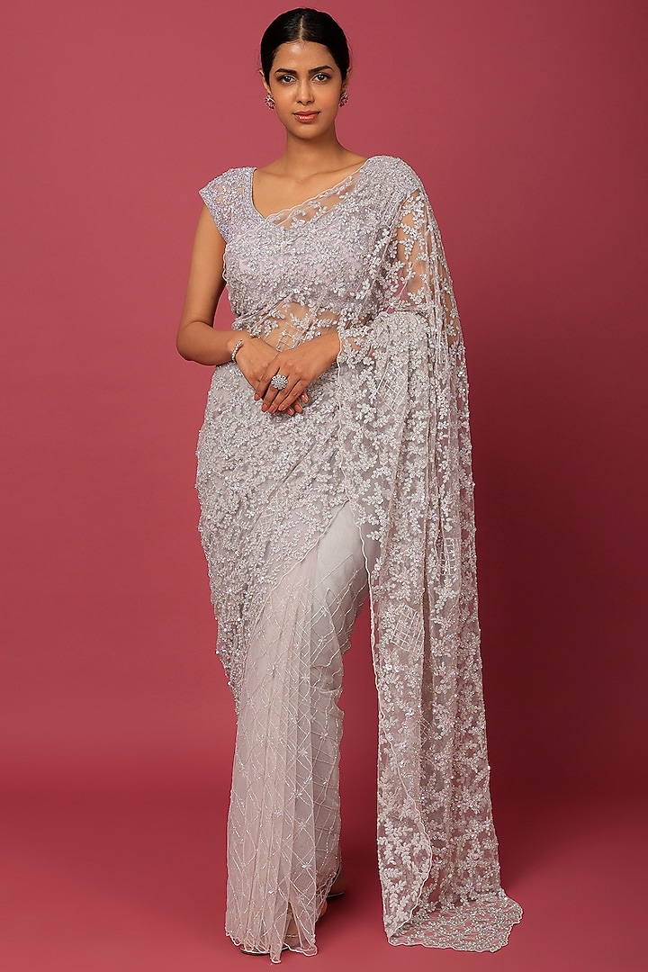 Mauve Organza Sequins Embellished Wedding Saree Set by Kalighata at Pernia's Pop Up Shop