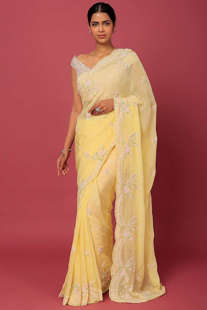 Yellow Sequins Embellishments Saree Set by Kalighata