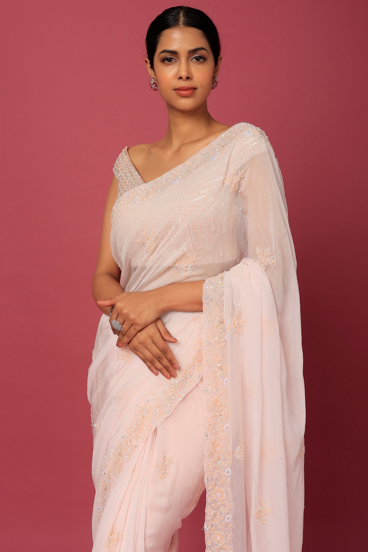 BAHAAR PINK POLKA FLORAL MIX SAREE AND BLOUSE WITH CROSS STITCH FLORAL –  SHIVANI BHARGAVA