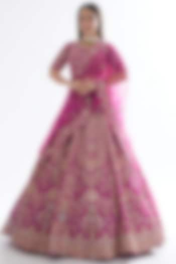 Fuchsia Zardosi Embroidered Antique Lehenga Set by Kalighata