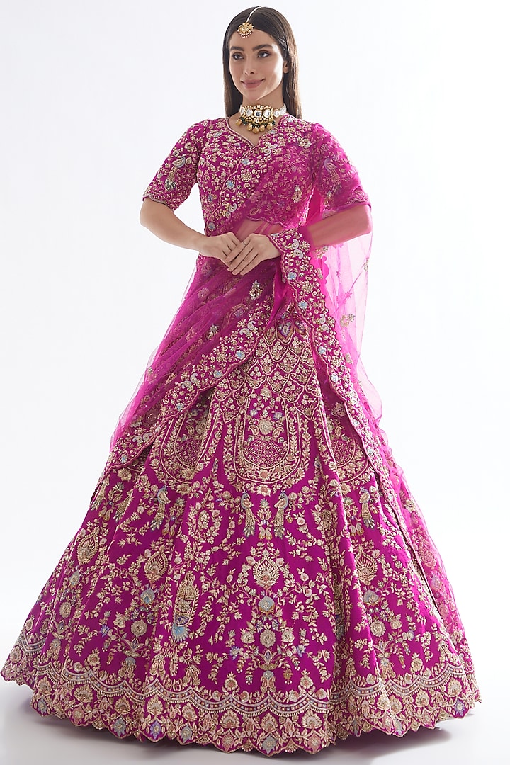 Fuchsia Zardosi Embroidered Antique Lehenga Set by Kalighata