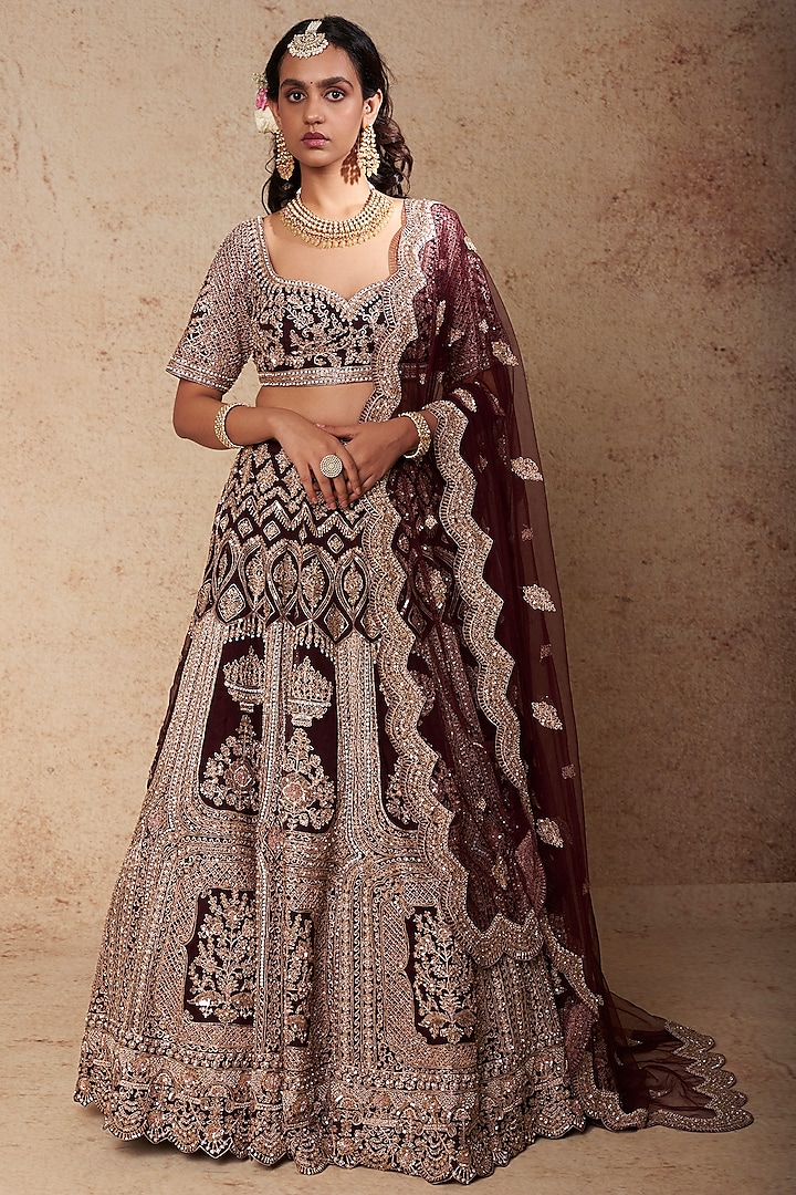 Wine Organza Zardosi Embroidered Lehenga Set by Kalighata