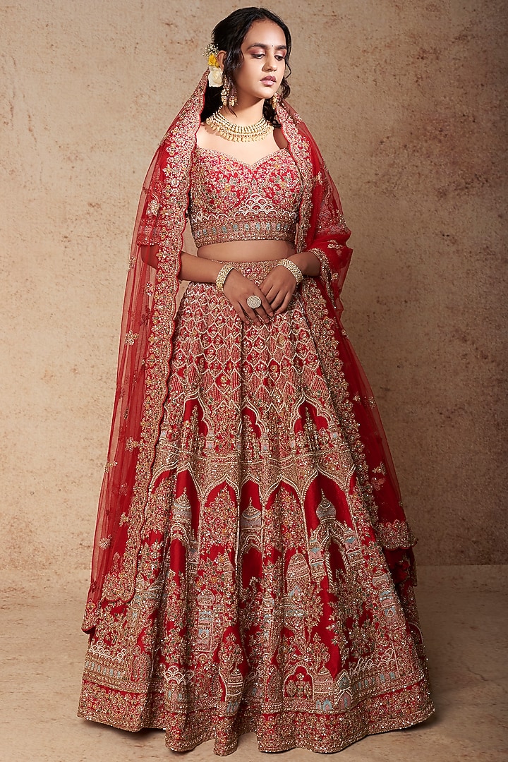 Red Embroidered Lucknowi Bridal Lehenga Set by Kalighata at Pernia's Pop Up Shop
