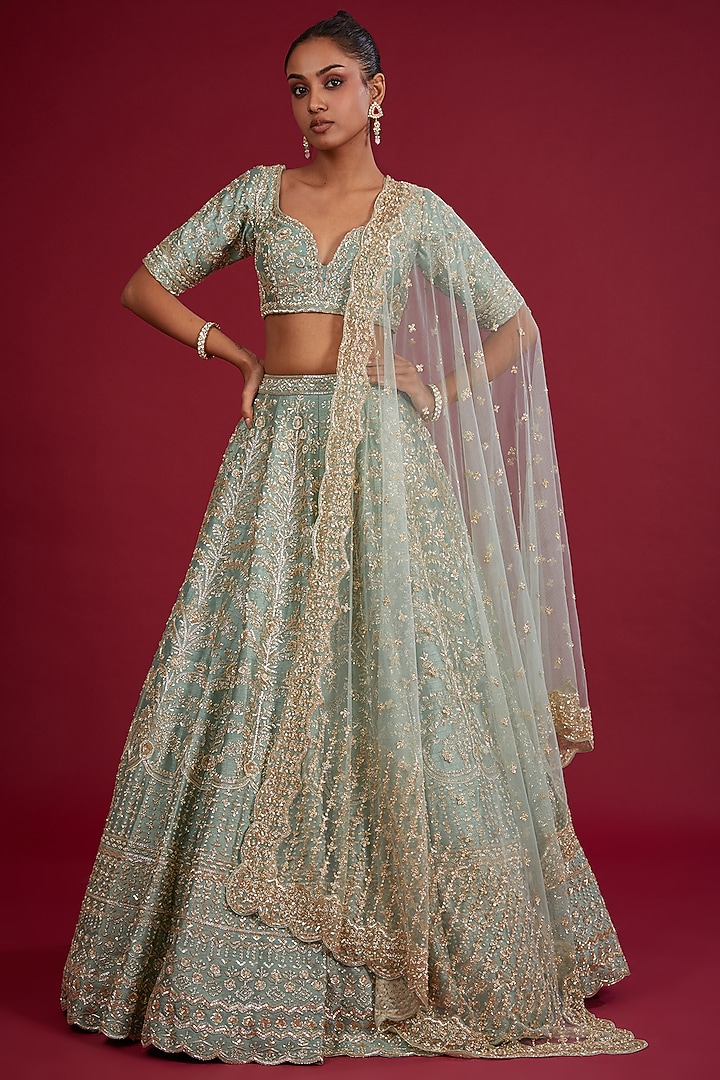 Firoza Raw Silk Zardosi Embroidered Bridal Lehenga Set by Kalighata at Pernia's Pop Up Shop