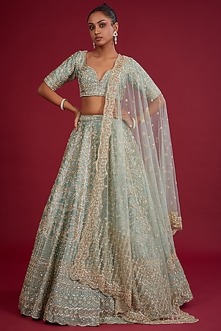 Firoza Raw Silk Zardosi Embroidered Lehenga Set by Kalighata