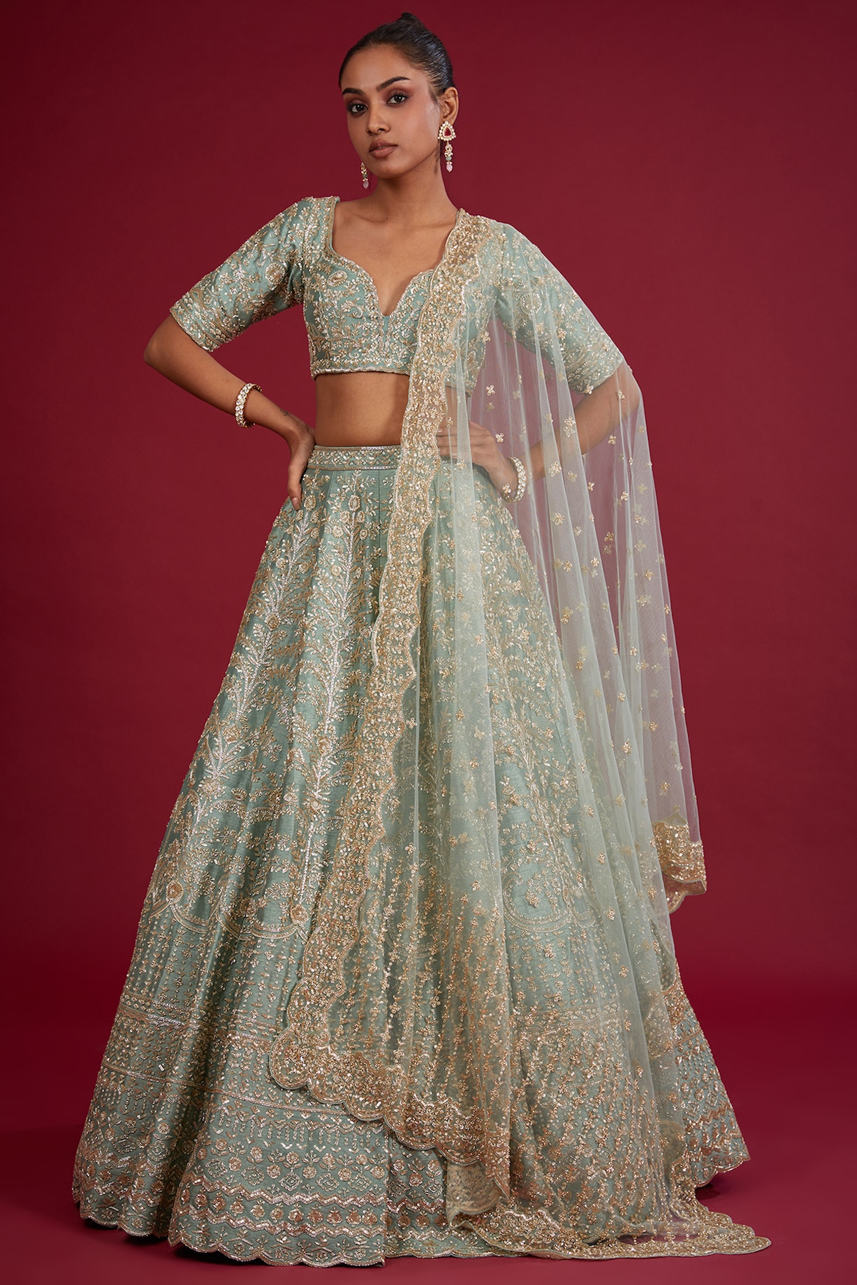 Ferozi Zari Embroidered Silk Crepe Lehenga