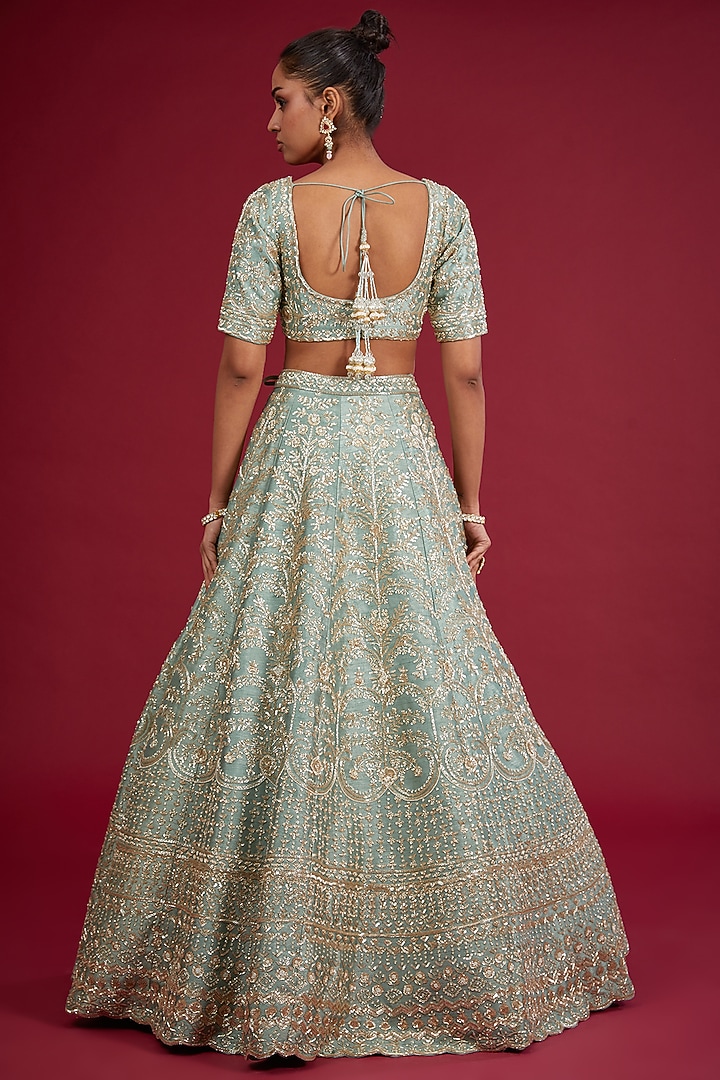 Firoza Raw Silk Zardosi Embroidered Bridal Lehenga Set by Kalighata at Pernia's Pop Up Shop