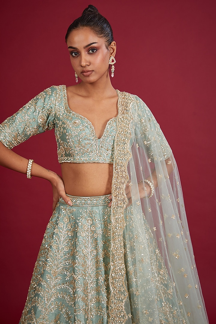 Firoza Raw Silk Zardosi Embroidered Bridal Lehenga Set by Kalighata at Pernia's Pop Up Shop