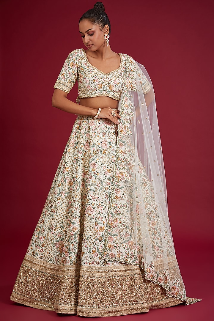 Ivory Raw Silk Zardosi Embroidered Bridal Lehenga Set by Kalighata at Pernia's Pop Up Shop