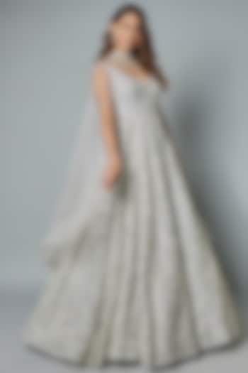 Grey Organza Sequins Embroidered Bridal Gown With Draped Dupatta by Kalighata at Pernia's Pop Up Shop