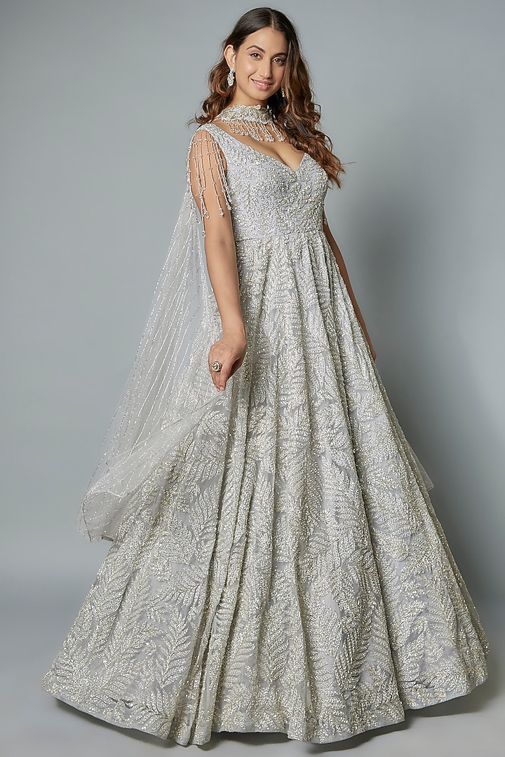Grey Organza Sequins Embroidered Bridal Gown With Draped Dupatta by Kalighata at Pernia's Pop Up Shop