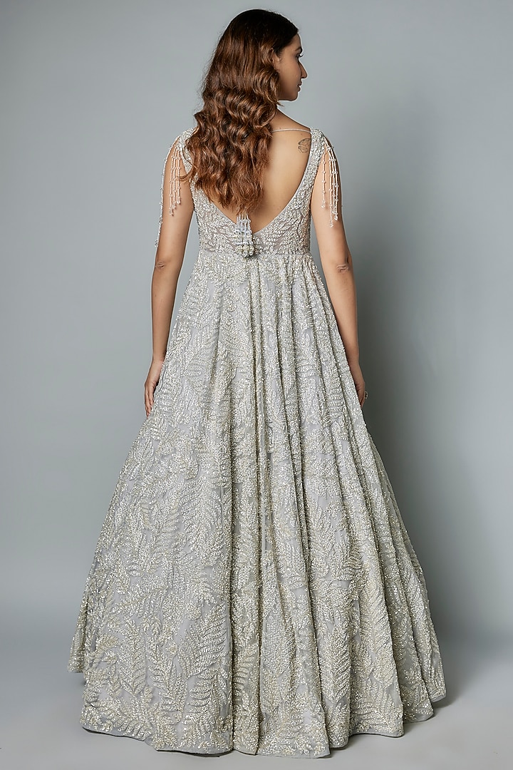 Grey Organza Sequins Embroidered Bridal Gown With Draped Dupatta by Kalighata at Pernia's Pop Up Shop