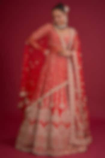 Red Raw Silk Zardosi Embroidered Bridal Lehenga Set  by Kalighata at Pernia's Pop Up Shop