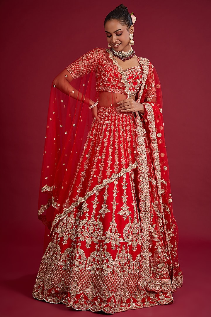 Red Raw Silk Zardosi Embroidered Bridal Lehenga Set  by Kalighata at Pernia's Pop Up Shop