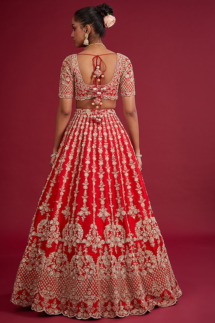 Red Raw Silk Zardosi Embroidered Bridal Lehenga Set  by Kalighata at Pernia's Pop Up Shop