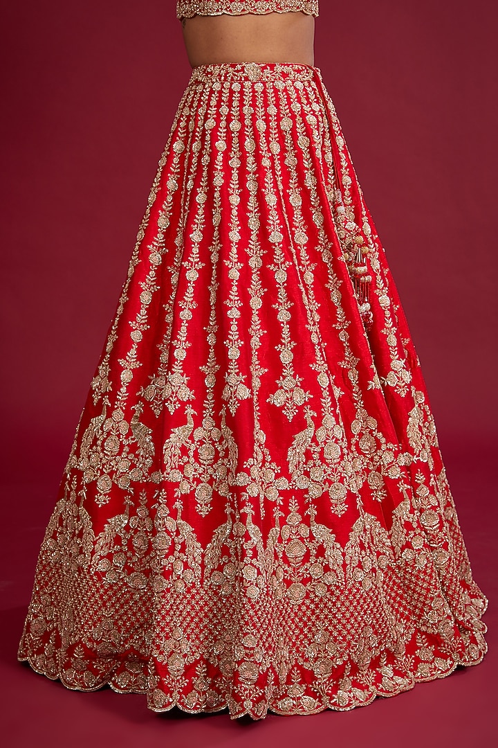 Red Raw Silk Zardosi Embroidered Bridal Lehenga Set  by Kalighata at Pernia's Pop Up Shop