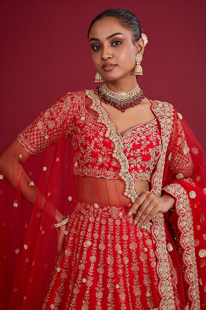 Red Raw Silk Zardosi Embroidered Bridal Lehenga Set  by Kalighata at Pernia's Pop Up Shop