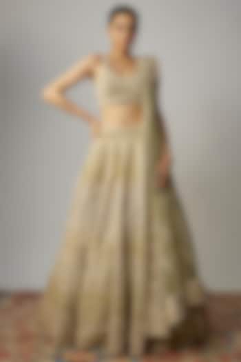 Lime Green Velvet Sequins Hand Embellished Bridal Lehenga Set by Kalighata at Pernia's Pop Up Shop