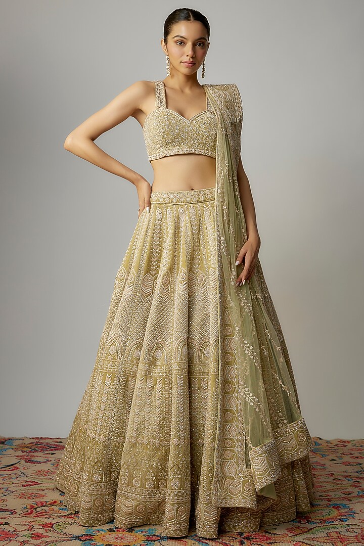 Lime Green Velvet Sequins Hand Embellished Bridal Lehenga Set by Kalighata at Pernia's Pop Up Shop