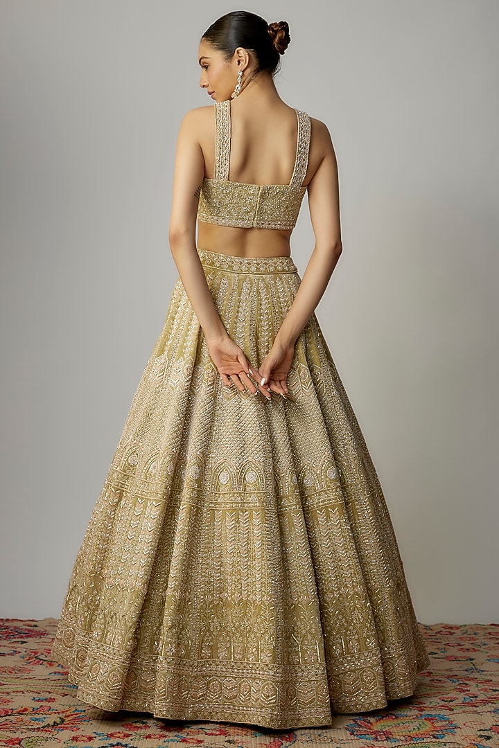 Lime Green Velvet Sequins Hand Embellished Bridal Lehenga Set by Kalighata at Pernia's Pop Up Shop
