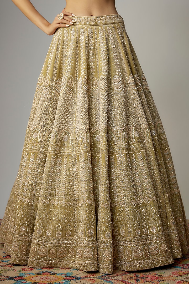 Lime Green Velvet Sequins Hand Embellished Bridal Lehenga Set by Kalighata at Pernia's Pop Up Shop