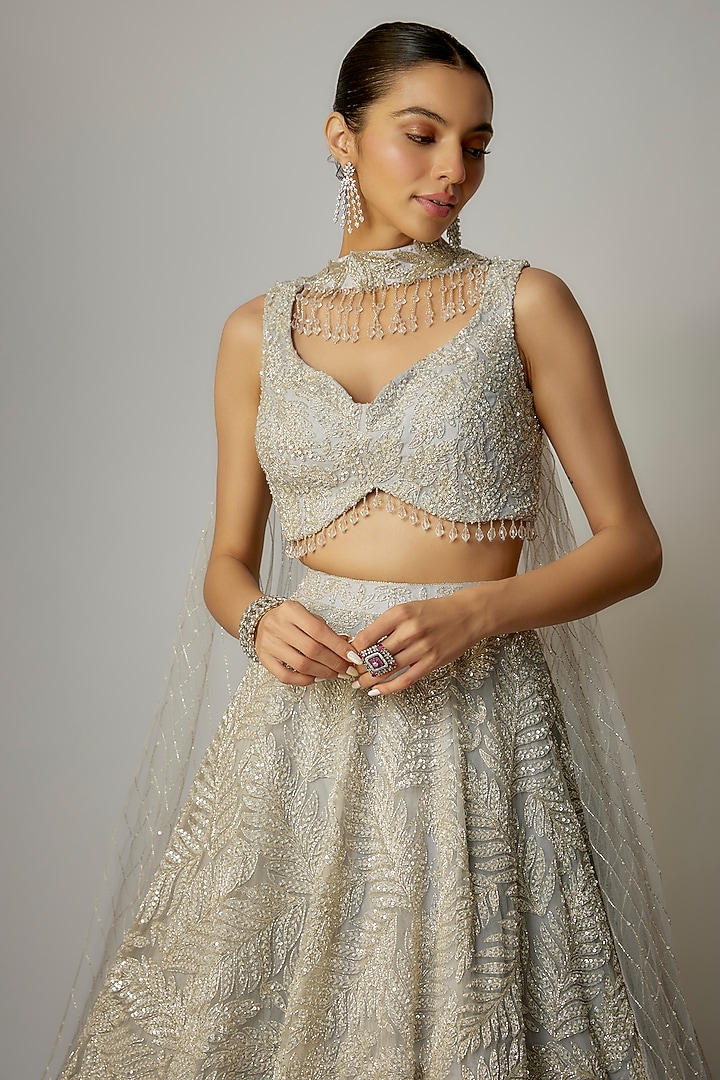 Grey Net Sequins Embellished Bridal Lehenga Set by Kalighata at Pernia's Pop Up Shop