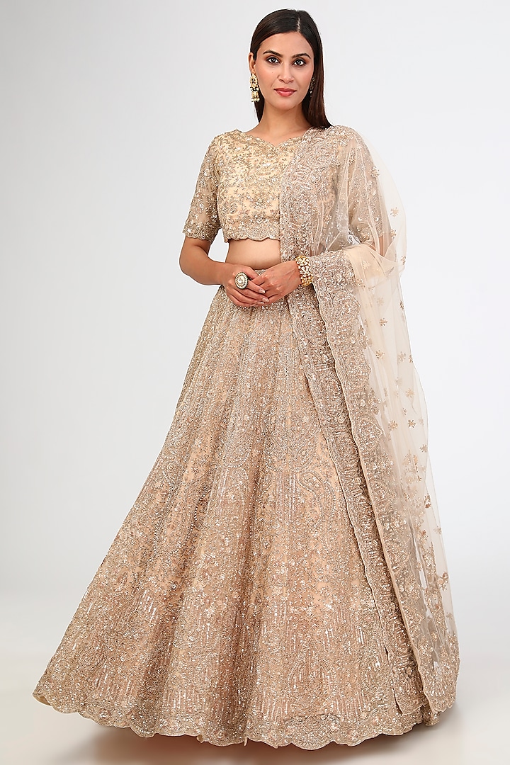 Peach Organza Cutdana Hand & Machine Embroidered Bridal Lehenga Set by Kalighata at Pernia's Pop Up Shop