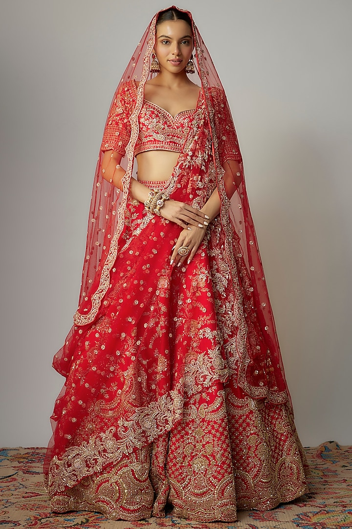 Red Raw Silk Zardosi Embellished Bridal Lehenga Set by Kalighata at Pernia's Pop Up Shop