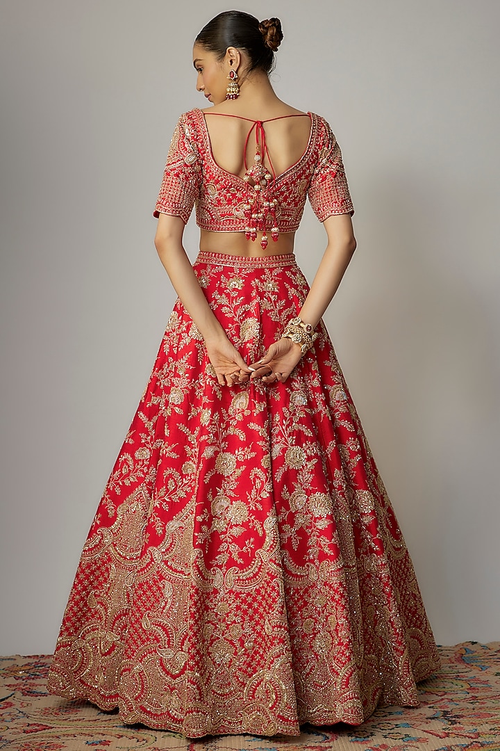 Red Raw Silk Zardosi Embellished Bridal Lehenga Set by Kalighata at Pernia's Pop Up Shop