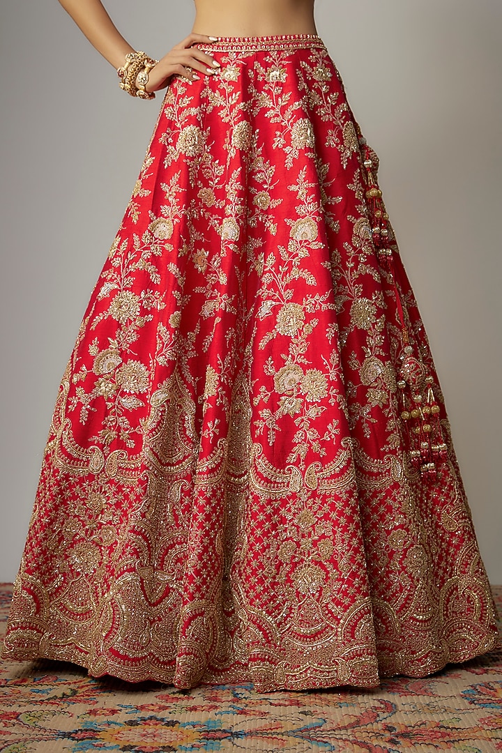 Red Raw Silk Zardosi Embellished Bridal Lehenga Set by Kalighata at Pernia's Pop Up Shop