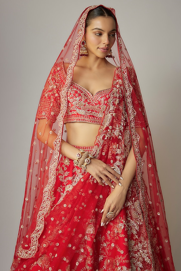 Red Raw Silk Zardosi Embellished Bridal Lehenga Set by Kalighata at Pernia's Pop Up Shop