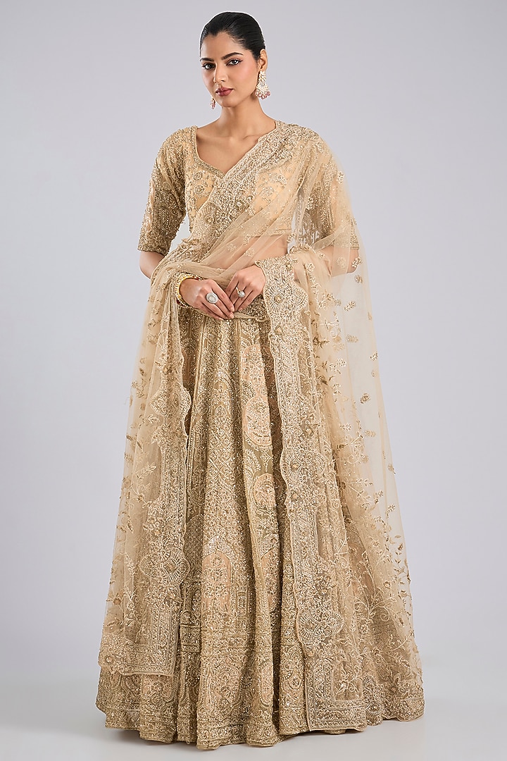 Gold Net & Raw Silk Bridal Lehenga Set by Kalighata at Pernia's Pop Up Shop