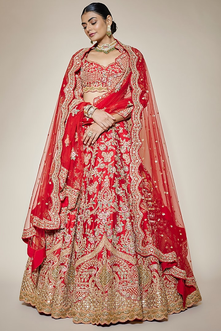 Red Raw Silk Moti & Zari Hand Embroidered Bridal Lehenga Set by Kalighata at Pernia's Pop Up Shop