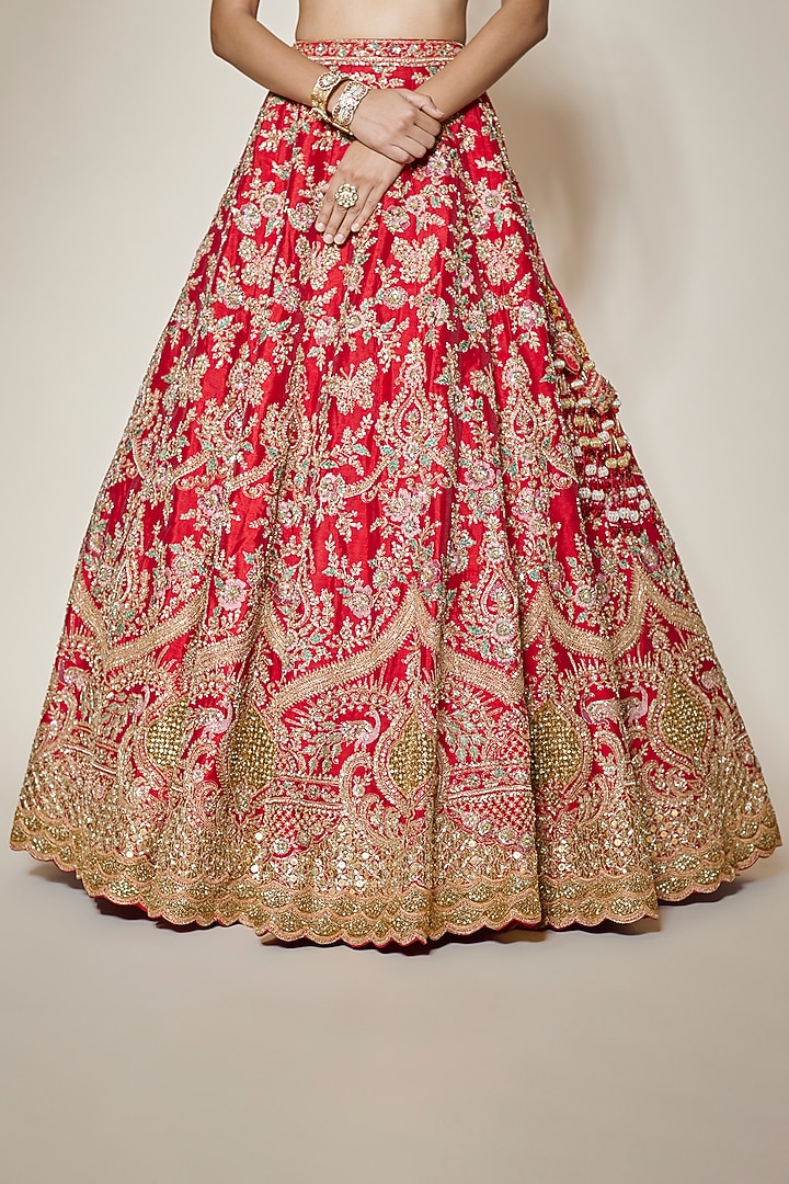 Red Raw Silk Moti & Zari Hand Embroidered Bridal Lehenga Set by Kalighata at Pernia's Pop Up Shop