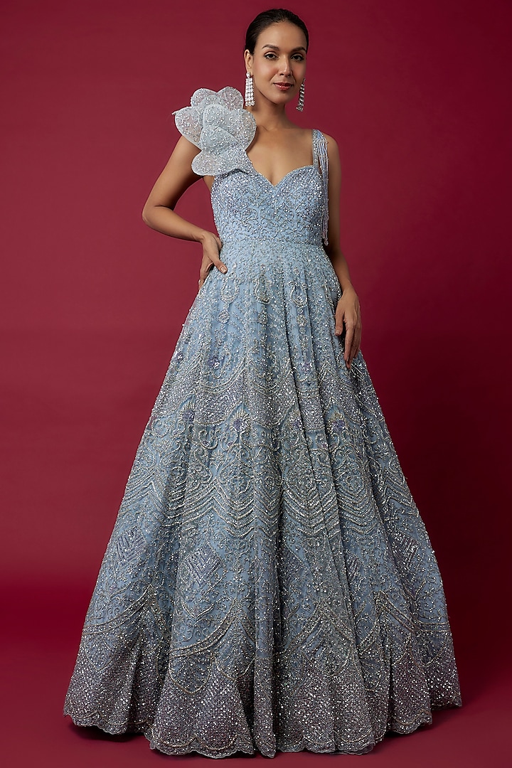 Ice Blue Organza Embroidered Bridal Gown by Kalighata at Pernia's Pop Up Shop