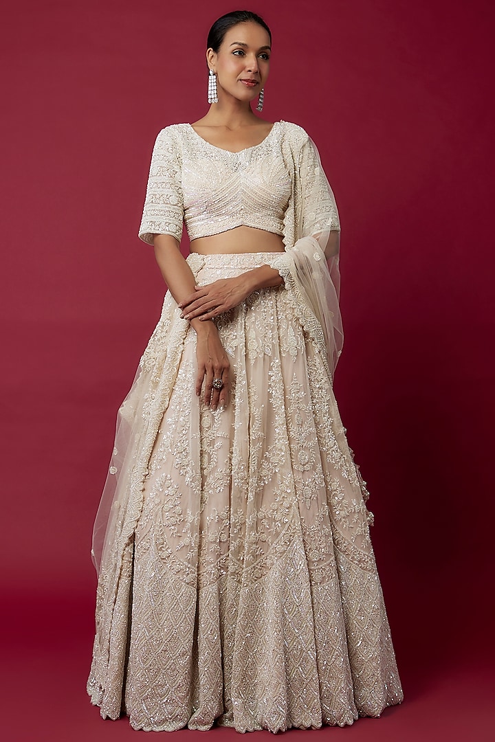 Ivory Organza Embroidered Bridal Lehenga Set by Kalighata at Pernia's Pop Up Shop