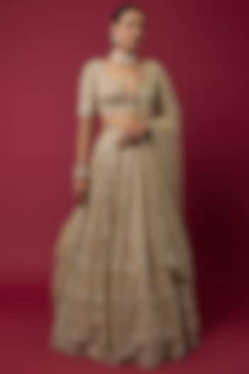 Beige Organza Sequins Embroidered Bridal Lehenga Set by Kalighata at Pernia's Pop Up Shop
