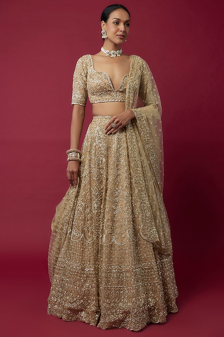 Beige Organza Sequins Embroidered Bridal Lehenga Set by Kalighata at Pernia's Pop Up Shop