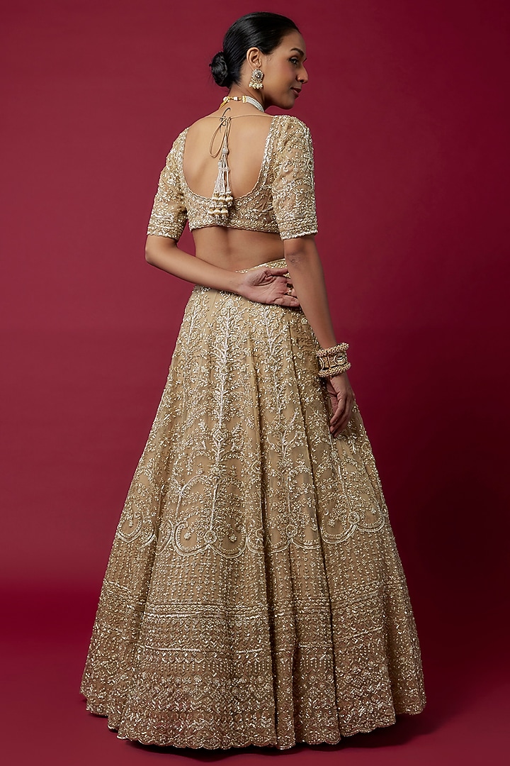 Beige Organza Sequins Embroidered Bridal Lehenga Set by Kalighata at Pernia's Pop Up Shop