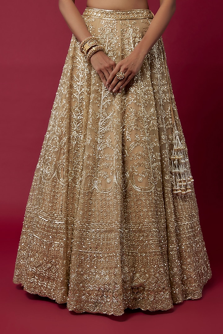 Beige Organza Sequins Embroidered Bridal Lehenga Set by Kalighata at Pernia's Pop Up Shop
