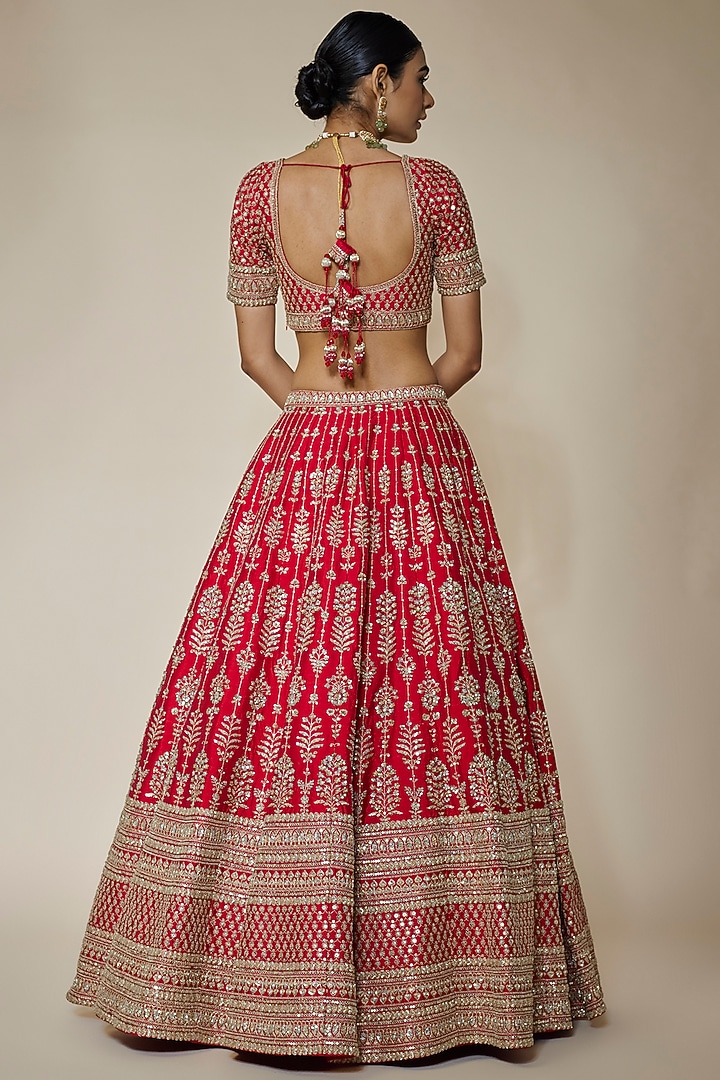 Red Raw Silk Hand & Machine Embroidered Bridal Lehenga Set by Kalighata at Pernia's Pop Up Shop