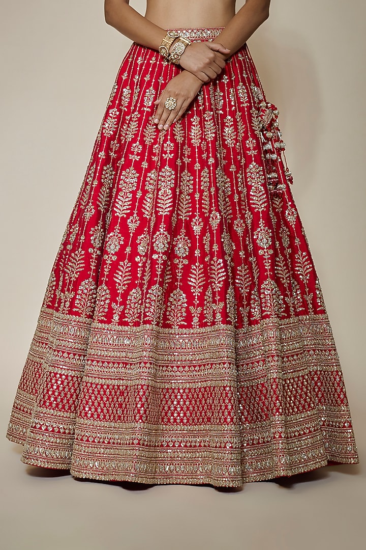 Red Raw Silk Hand & Machine Embroidered Bridal Lehenga Set by Kalighata at Pernia's Pop Up Shop