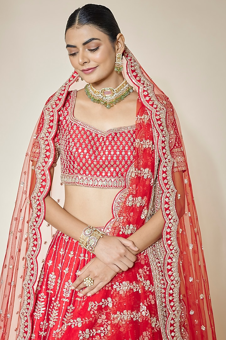 Red Raw Silk Hand & Machine Embroidered Bridal Lehenga Set by Kalighata at Pernia's Pop Up Shop