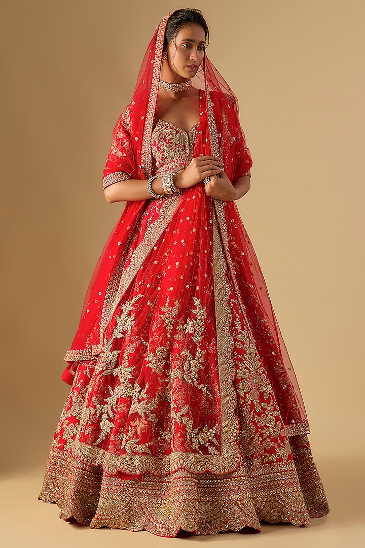 Red Raw Silk Zardosi Embellished Bridal Lehenga Set by Kalighata at Pernia's Pop Up Shop