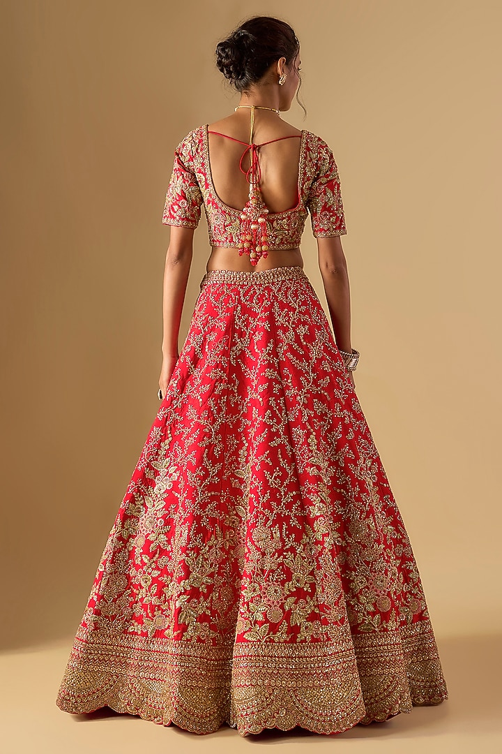 Red Raw Silk Zardosi Embellished Bridal Lehenga Set by Kalighata at Pernia's Pop Up Shop